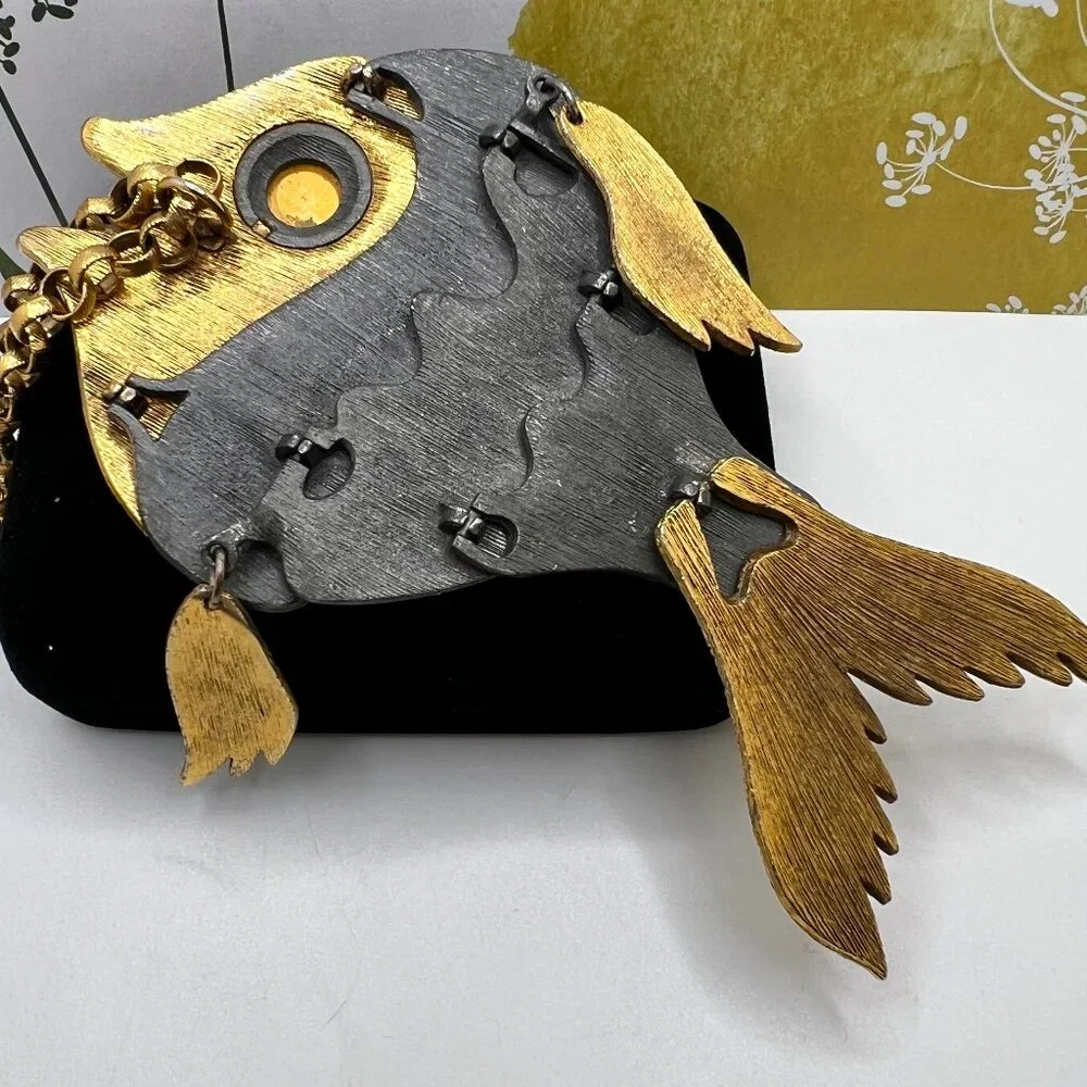 Two Tone Articulated Large Fish Necklace - Picture 6 of 6